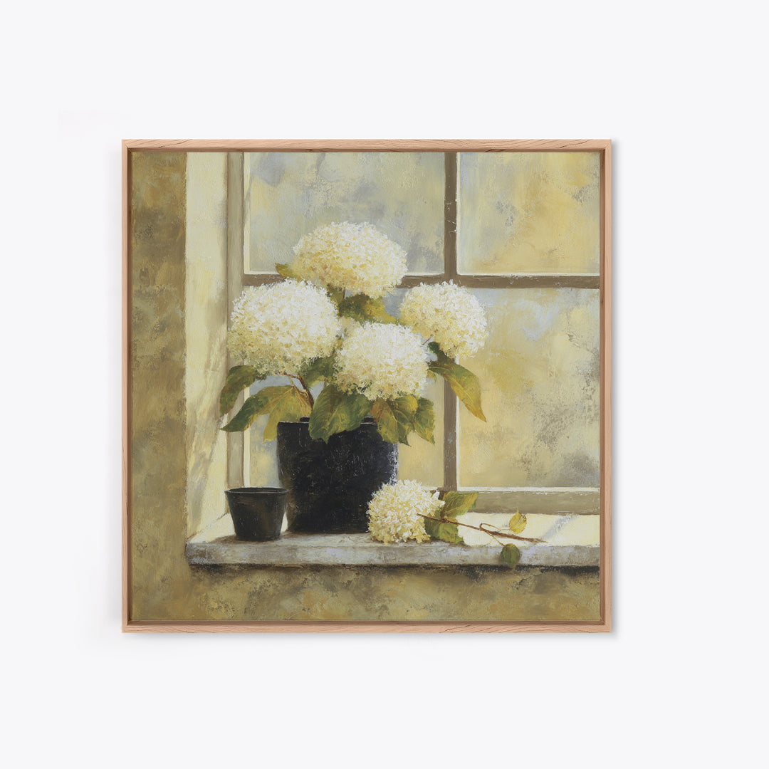 Sunlit Hydrangeas on a Windowsill Canvas Print, Bed and Breakfast Art, Boho Decor, Living Room Decor, Oil Painting, BAB-1x1-82