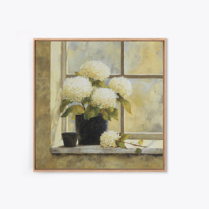 Sunlit Hydrangeas on a Windowsill Canvas Print, Bed and Breakfast Art, Boho Decor, Living Room Decor, Oil Painting, BAB-1x1-82