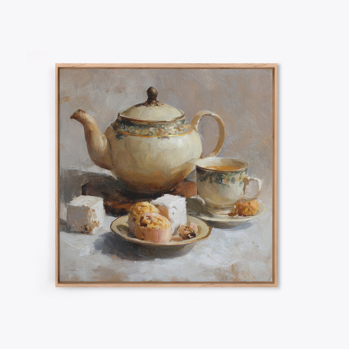 Porcelain Teapot and Scones Framed Canvas Print, Bed and Breakfast Art, Bedroom Prints, Living Room Decor, Abstract Art, BAB-1x1-84