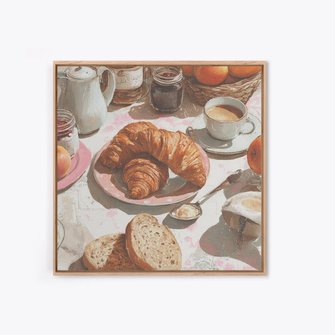 Fresh Croissants and Jam on a Linen Canvas Print, Bed and Breakfast Art, Textured Painting, Living Room Decor, Abstract Art, BAB-1x1-98