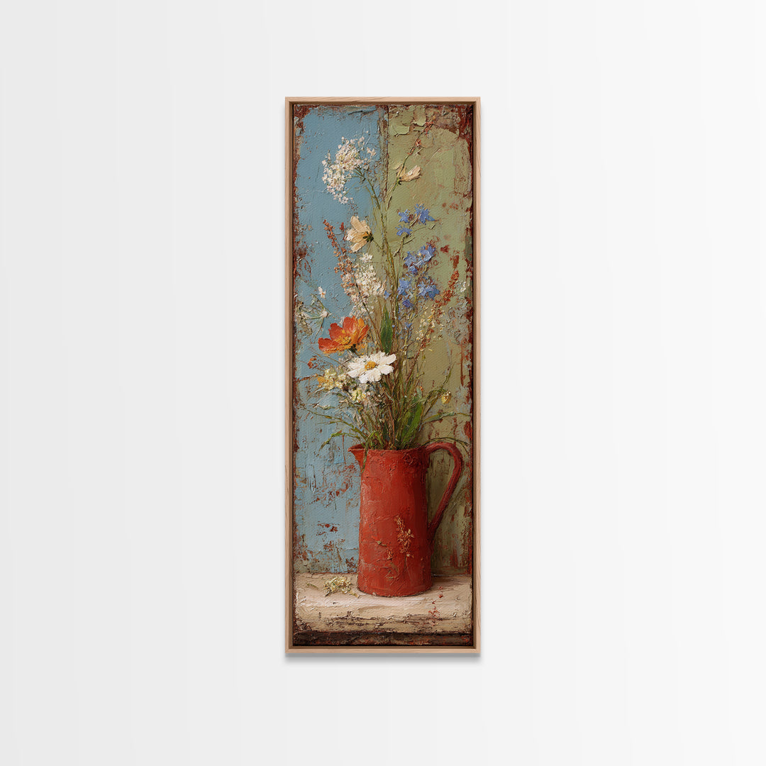 Country Wildflowers in a Chipped Ceramic Pitcher Canvas Print, Bed and Breakfast Art, Minimalist Decor, Living Room Decor, BAB-1x3-13