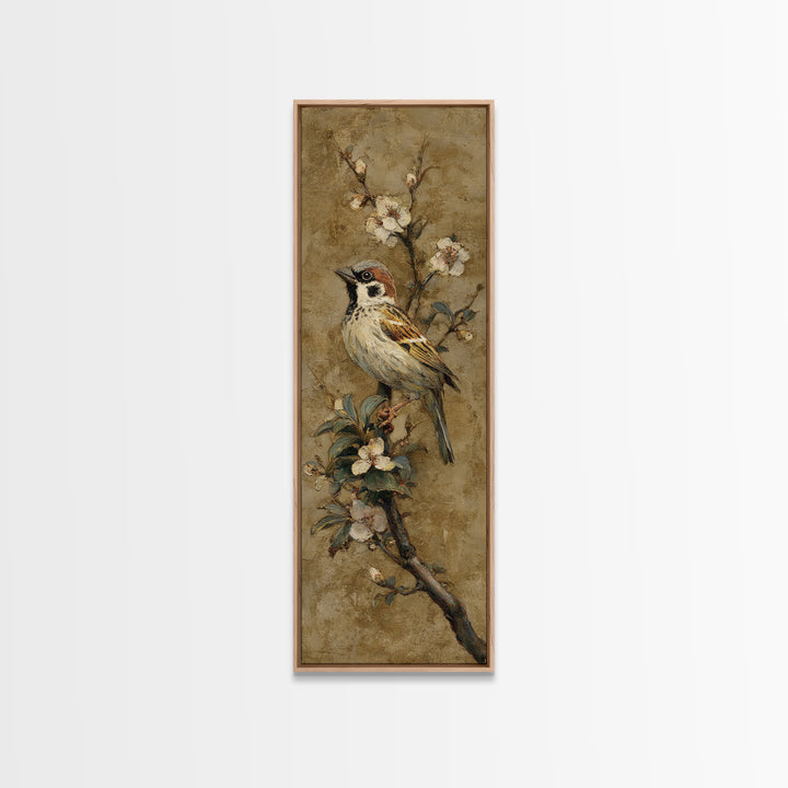 Small Bird on a Flowering Branch Canvas Print, Bed and Breakfast Art, Folk Art, Living Room Decor, Watercolor Art, BAB-1x3-26