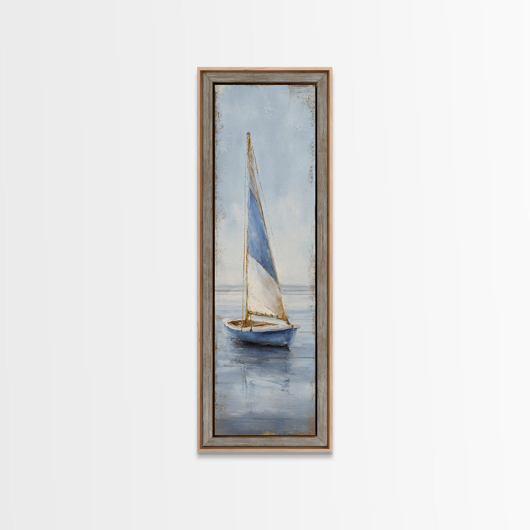 Coastal Inn Sailboat at Sunrise Framed Canvas Print, Bed and Breakfast Art, Textured Painting, Living Room Decor, Fine Art, BAB-1x3-29