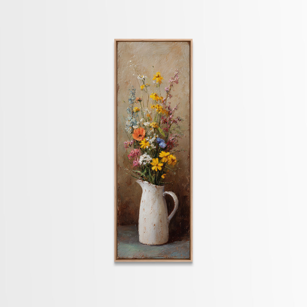 Country Wildflowers in a Chipped Ceramic Pitcher Canvas Print, Bed and Breakfast Art, Minimalist Decor, Living Room Decor, BAB-1x3-37