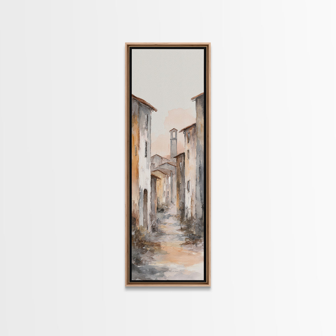 Soft Watercolor Village Street at Dawn Canvas Print, Bed and Breakfast Art, Farmhouse Wall Art, Living Room Decor, Fine Art, BAB-1x3-41