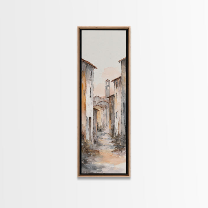 Soft Watercolor Village Street at Dawn Canvas Print, Bed and Breakfast Art, Farmhouse Wall Art, Living Room Decor, Fine Art, BAB-1x3-41