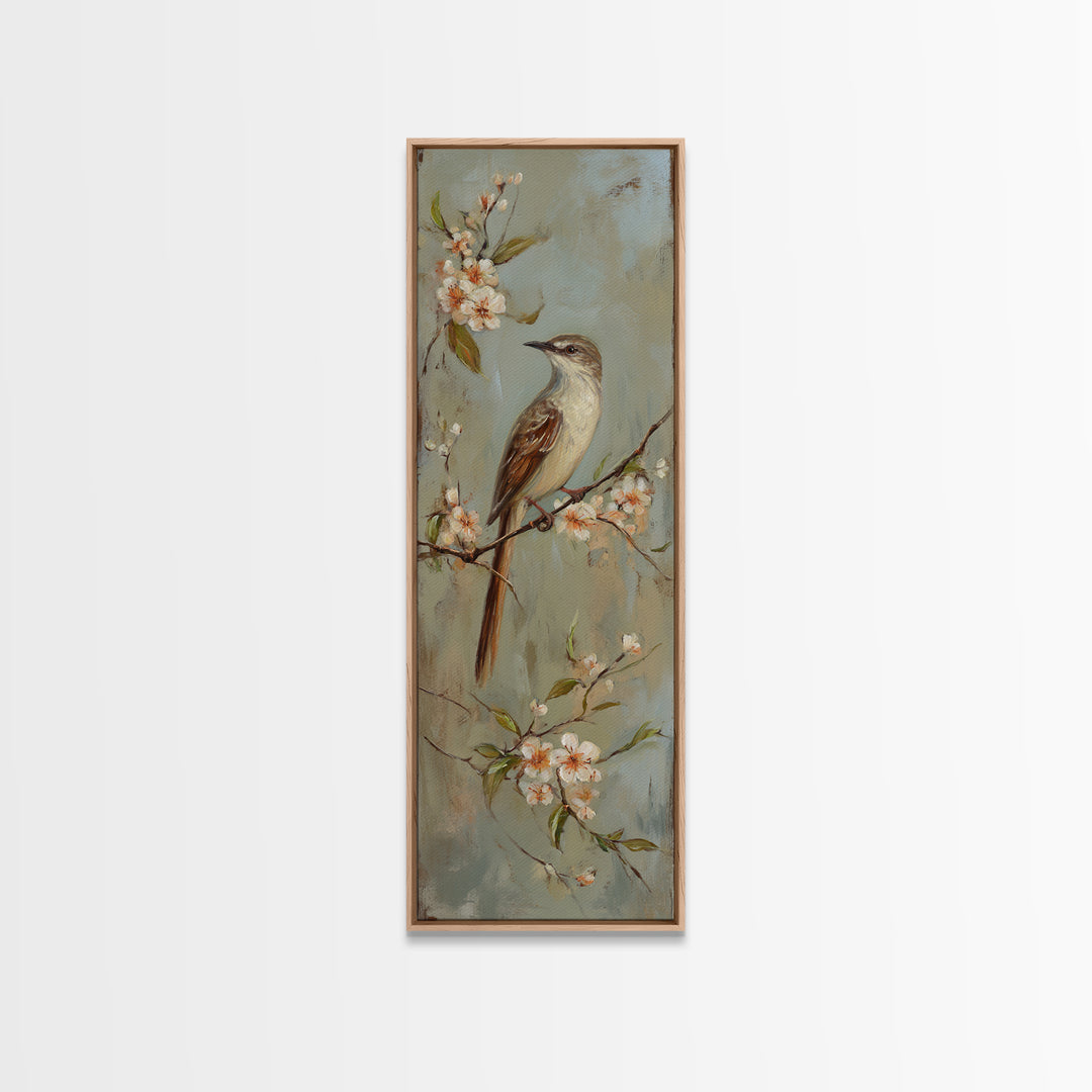 Small Bird on a Flowering Branch Framed Canvas Print, Bed and Breakfast Art, Fine Art Print, Living Room Decor, Watercolor Art, BAB-1x3-50