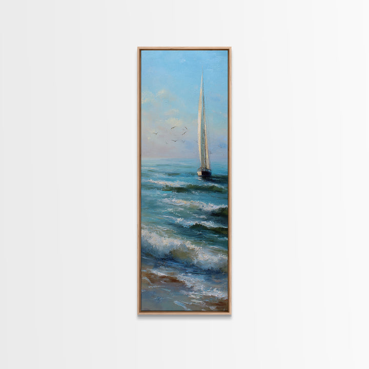 Coastal Inn Sailboat at Sunrise Framed Canvas Print, Bed and Breakfast Art, Textured Painting, Living Room Decor, Fine Art, BAB-1x3-53