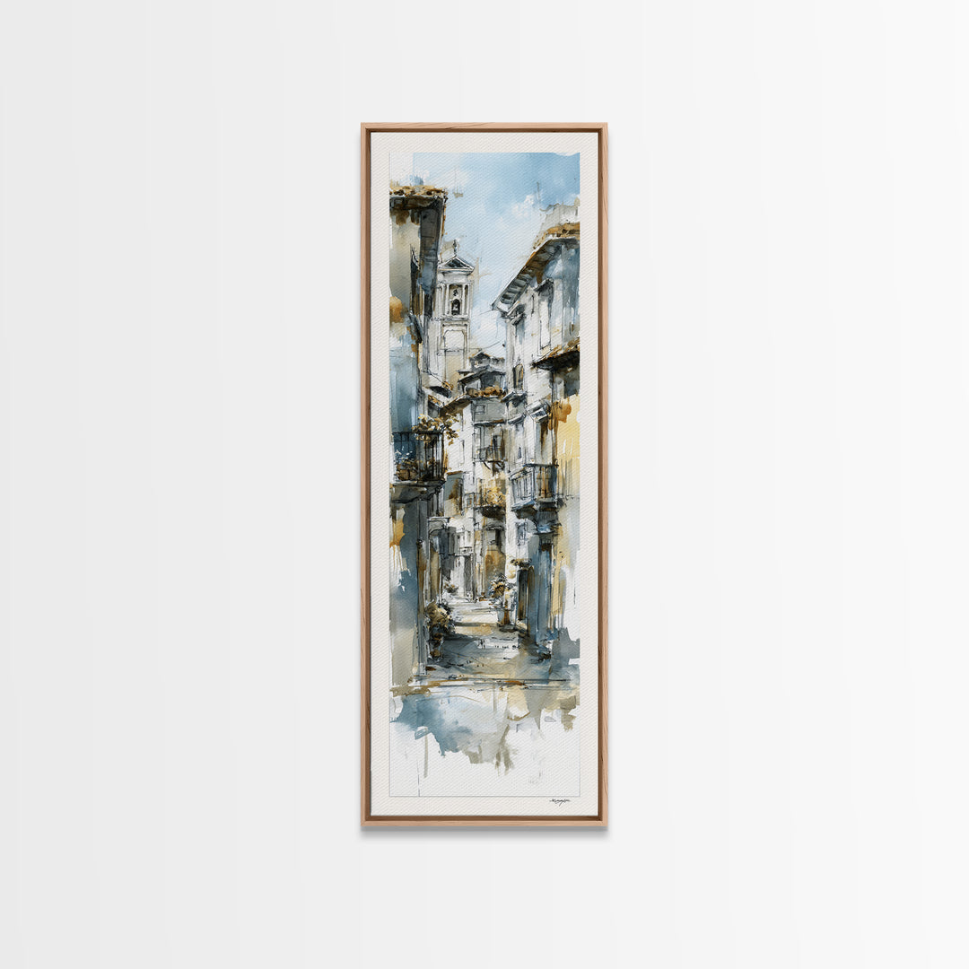Soft Watercolor Village Street at Dawn Canvas Print, Bed and Breakfast Art, Print, Living Room Decor, Fine Art, BAB-1x3-65