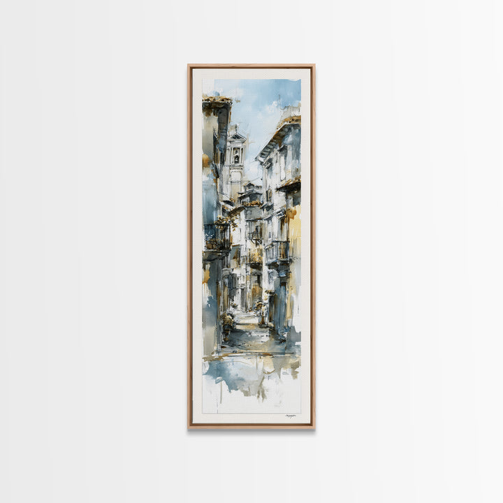 Soft Watercolor Village Street at Dawn Canvas Print, Bed and Breakfast Art, Print, Living Room Decor, Fine Art, BAB-1x3-65