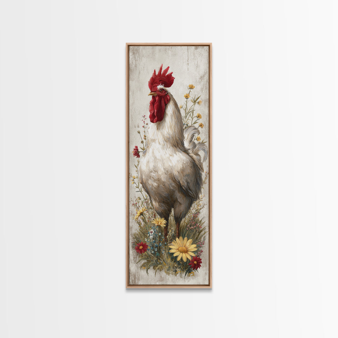 Rooster and Wildflower Country Portrait Canvas Print, Bed and Breakfast Art, Coffee Wall Art, Living Room Decor, BAB-1x3-79