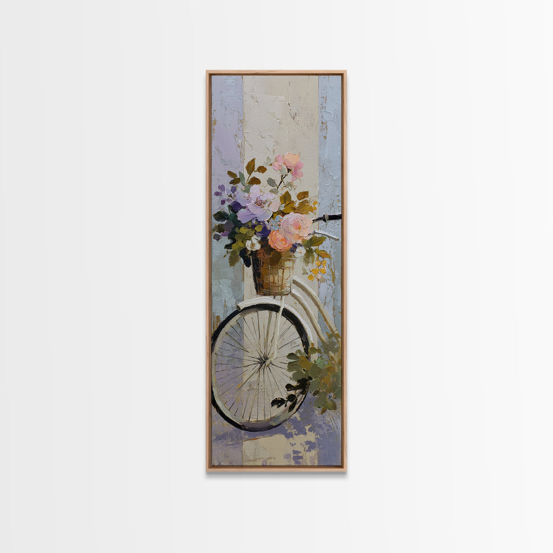 Old Bicycle with Flowers in Basket Framed Canvas Print, Bed and Breakfast Art, Folk Art, Living Room Decor, Watercolor Art, BAB-1x3-83