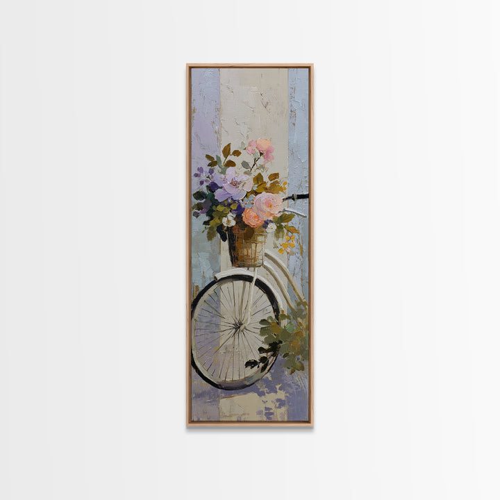Old Bicycle with Flowers in Basket Framed Canvas Print, Bed and Breakfast Art, Folk Art, Living Room Decor, Watercolor Art, BAB-1x3-83