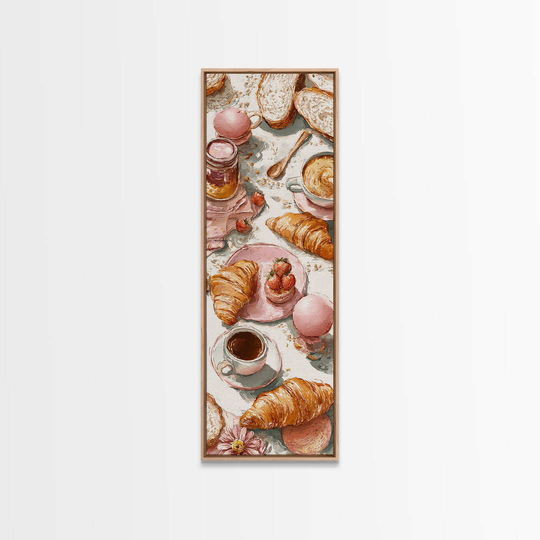 Fresh Croissants and Jam on a Linen Canvas Print, Bed and Breakfast Art, Contemporary Art, Living Room Decor, Abstract Art, BAB-1x3-86