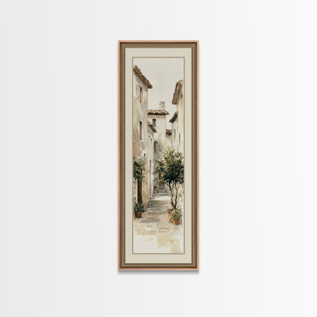 Soft Watercolor Village Street at Dawn Canvas Print, Bed and Breakfast Art, Folk Art, Living Room Decor, Fine Art, BAB-1x3-89