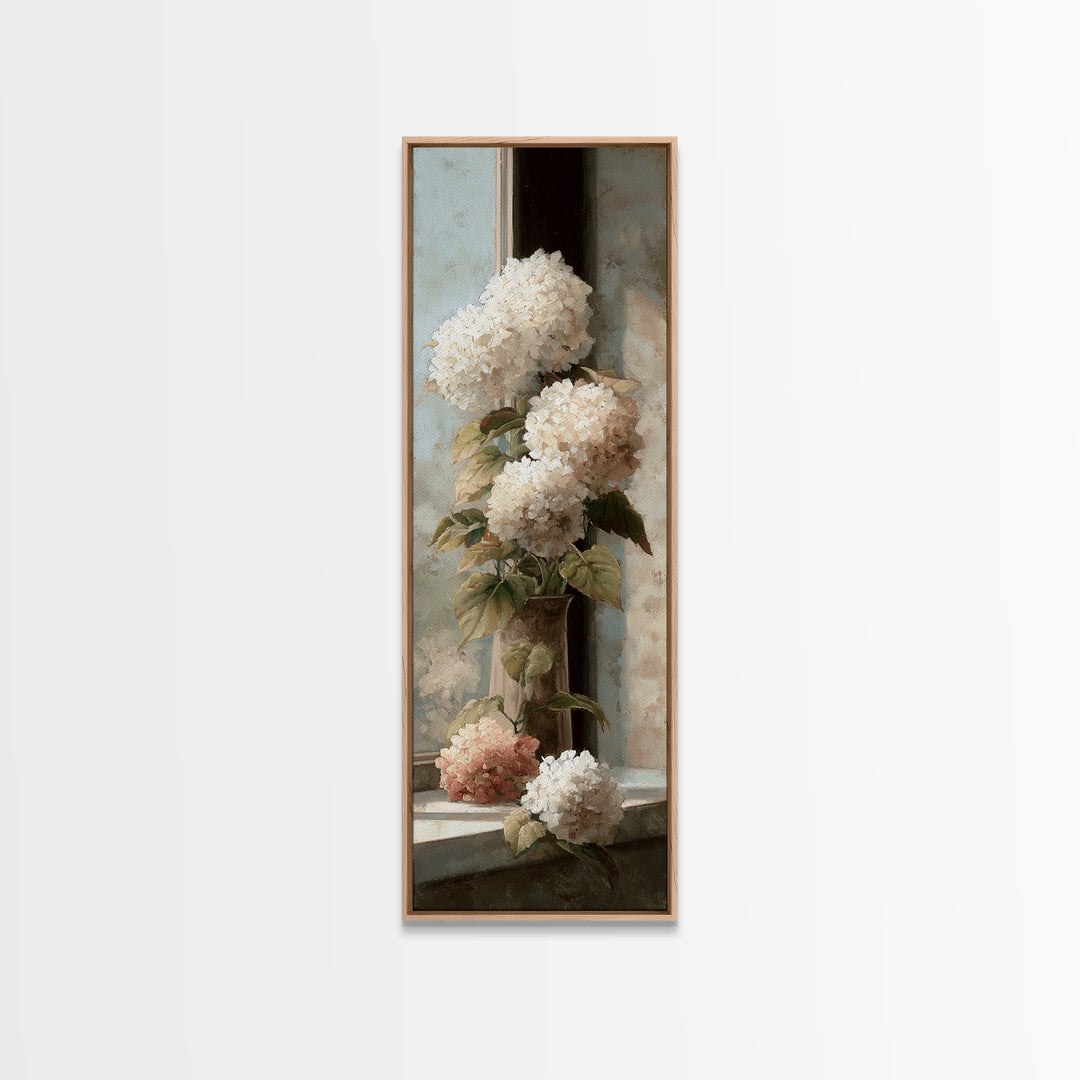 Sunlit Hydrangeas on a Windowsill Canvas Print, Bed and Breakfast Art, Room Decor, Living Room Decor, Fine Art, BAB-1x3-94