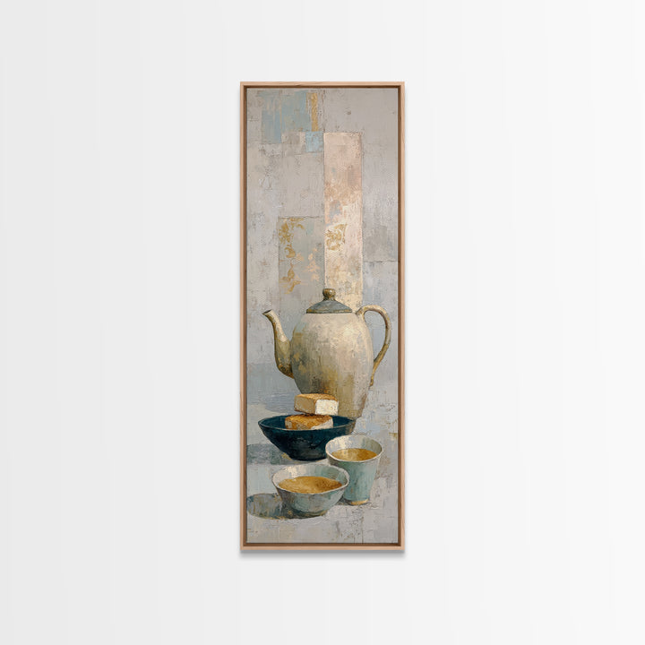 Porcelain Teapot and Scones Framed Canvas Print, Bed and Breakfast Art, Bedroom Prints, Living Room Decor, Abstract Art, BAB-1x3-96