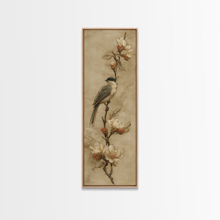 Small Bird on a Flowering Branch Canvas Print, Bed and Breakfast Art, Textured Painting, Living Room Decor, Fine Art, BAB-1x3-98