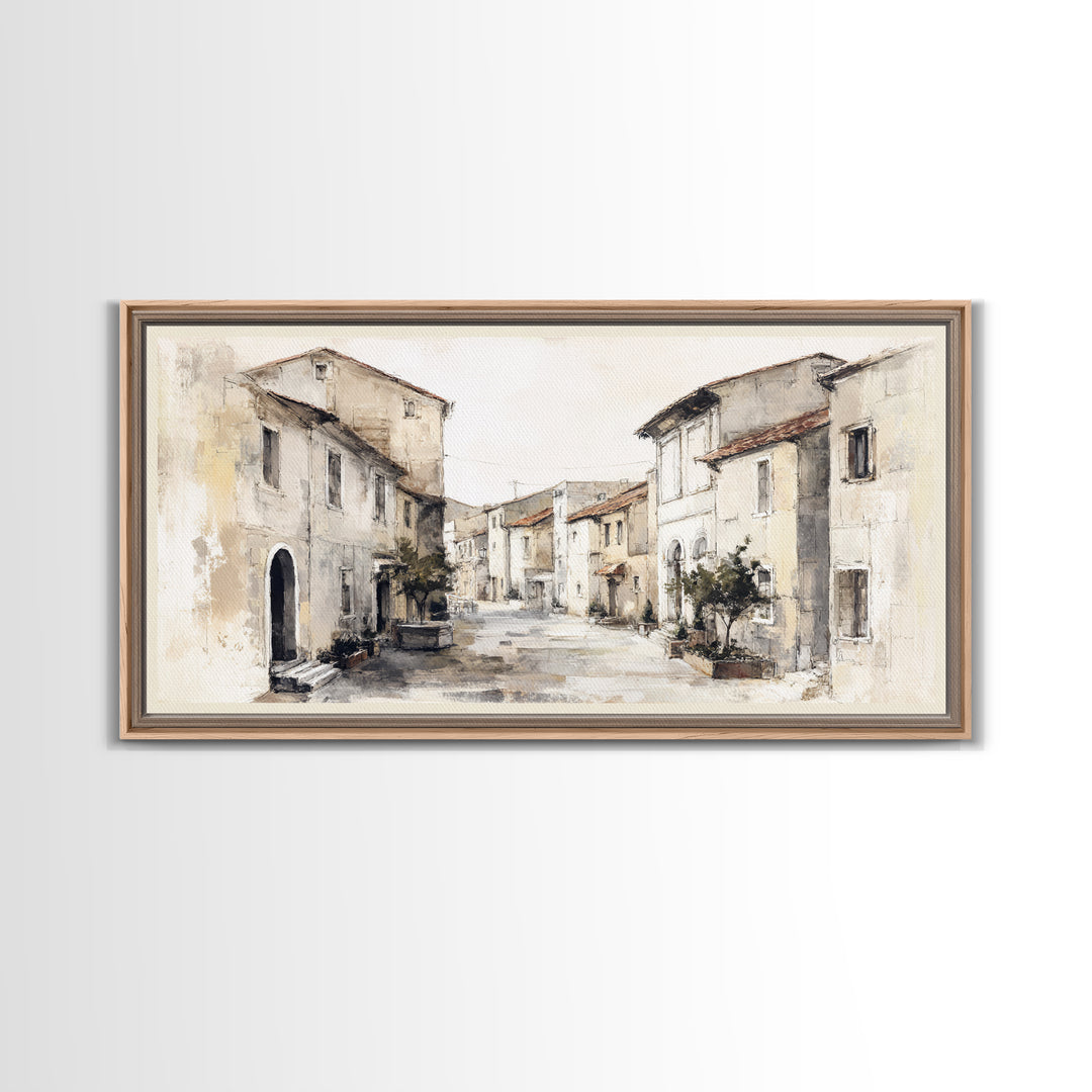 Soft Watercolor Village Street at Dawn Framed Canvas Print, Bed and Breakfast Art, Printable, Living Room Decor, Fine Art, BAB-2x1-1
