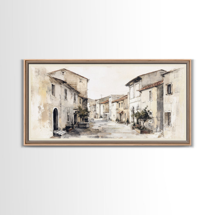 Soft Watercolor Village Street at Dawn Framed Canvas Print, Bed and Breakfast Art, Printable, Living Room Decor, Fine Art, BAB-2x1-1