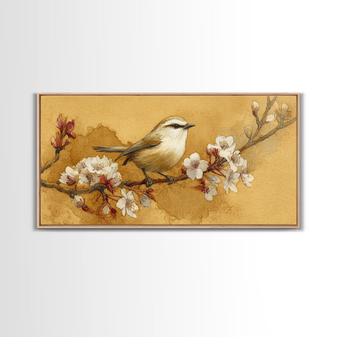 Small Bird on a Flowering Branch Canvas Print, Bed and Breakfast Art, Contemporary Art, Living Room Decor, Bedroom Wall Art, BAB-2x1-10