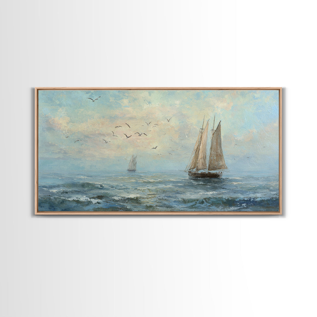 Coastal Inn Sailboat at Sunrise Framed Canvas Print, Bed and Breakfast Art, Print, Living Room Decor, Fine Art, BAB-2x1-13