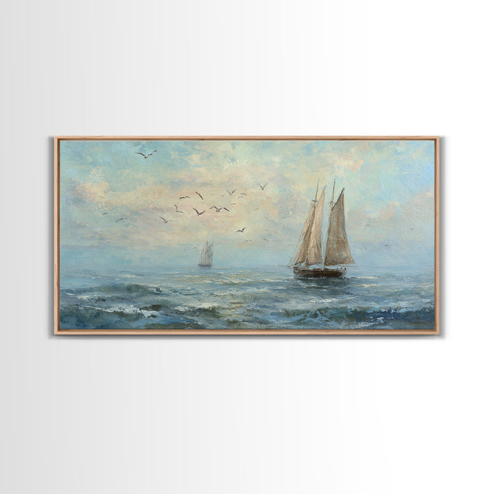 Coastal Inn Sailboat at Sunrise Framed Canvas Print, Bed and Breakfast Art, Print, Living Room Decor, Fine Art, BAB-2x1-13