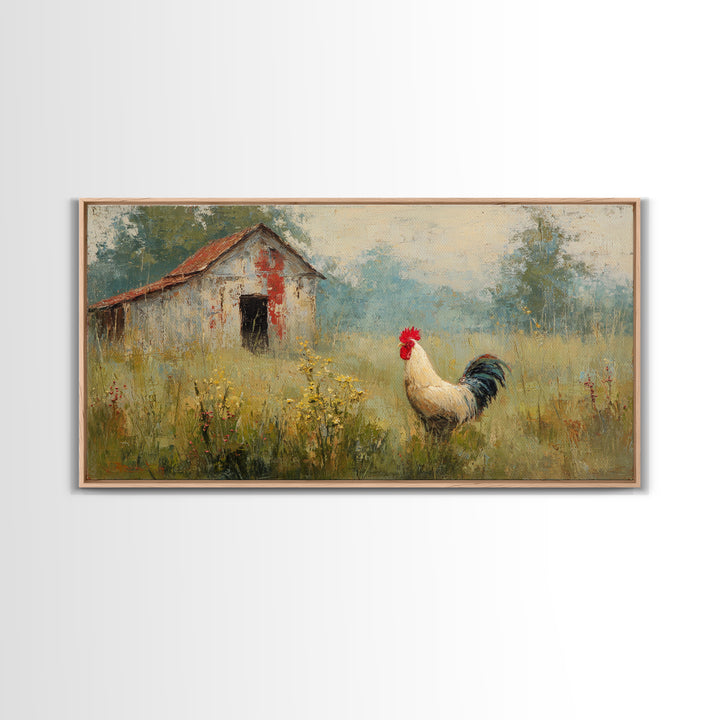 Rooster and Wildflower Country Portrait Framed Canvas Print, Bed and Breakfast Art, Home Decor, Living Room Decor, Fine Art, BAB-2x1-15
