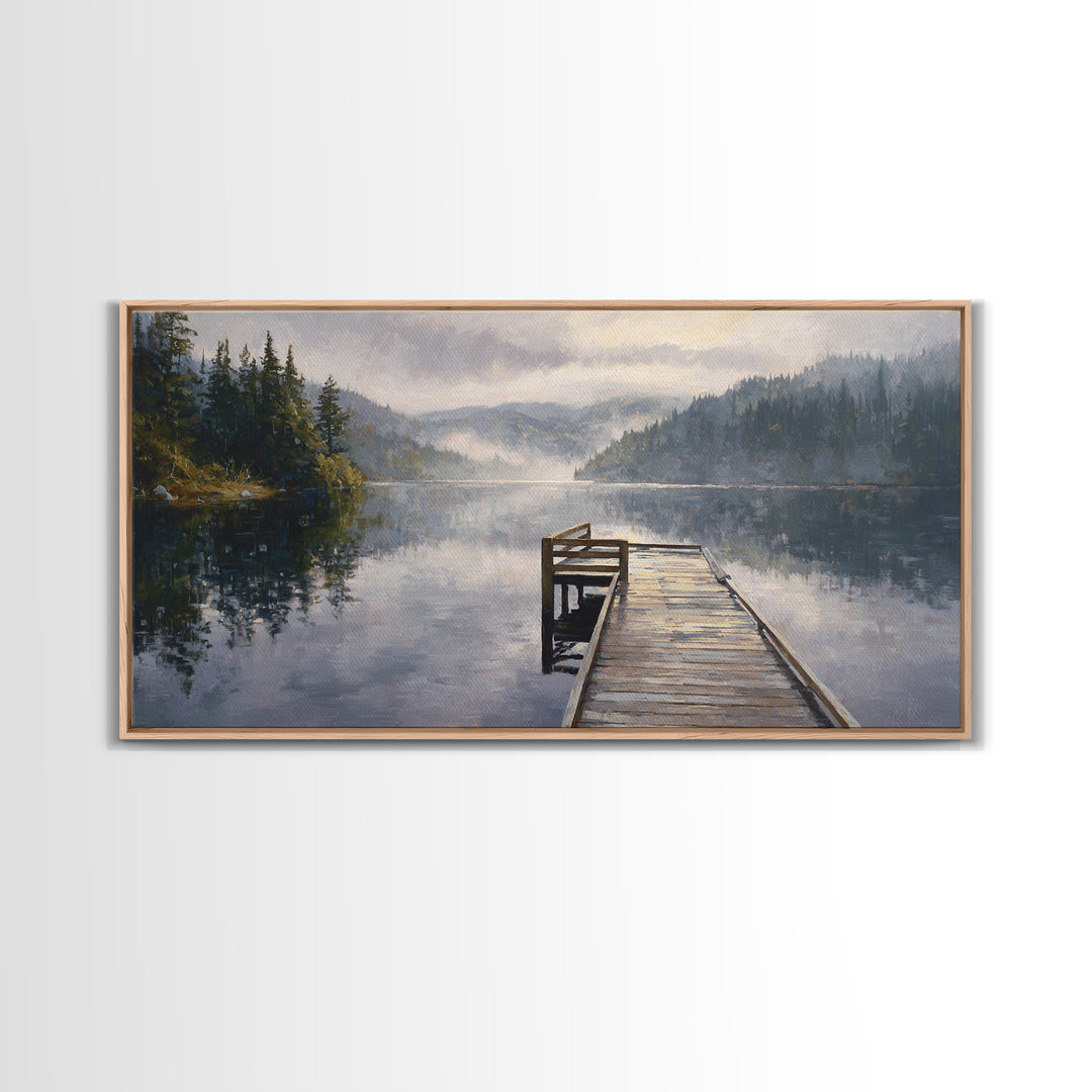 Quiet Lake Dock at Early Morning Framed Canvas Print, Bed and Breakfast Art, Room Decor, Living Room Decor, Fine Art, BAB-2x1-18