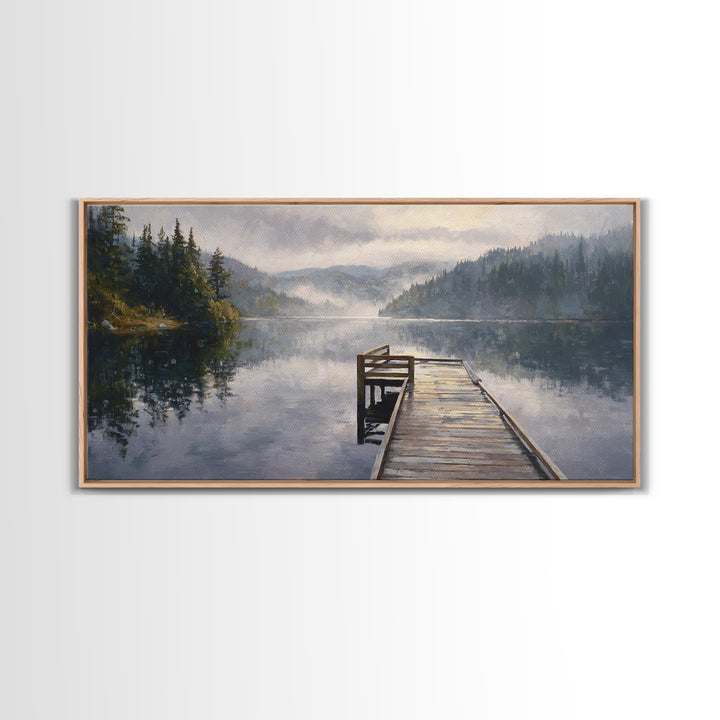 Quiet Lake Dock at Early Morning Framed Canvas Print, Bed and Breakfast Art, Room Decor, Living Room Decor, Fine Art, BAB-2x1-18