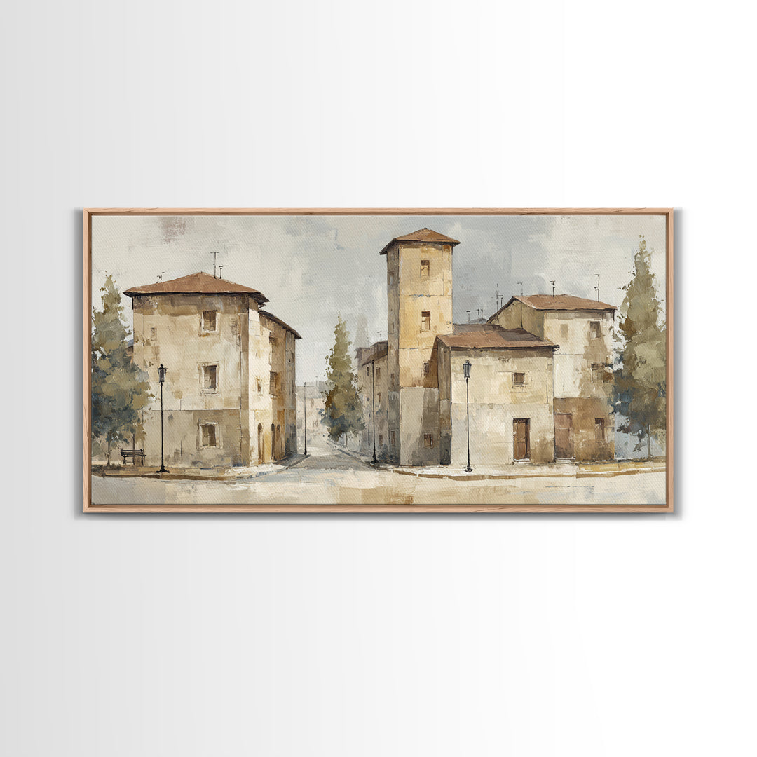Soft Watercolor Village Street at Dawn Framed Canvas Print, Bed and Breakfast Art, Printable, Living Room Decor, Fine Art, BAB-2x1-25