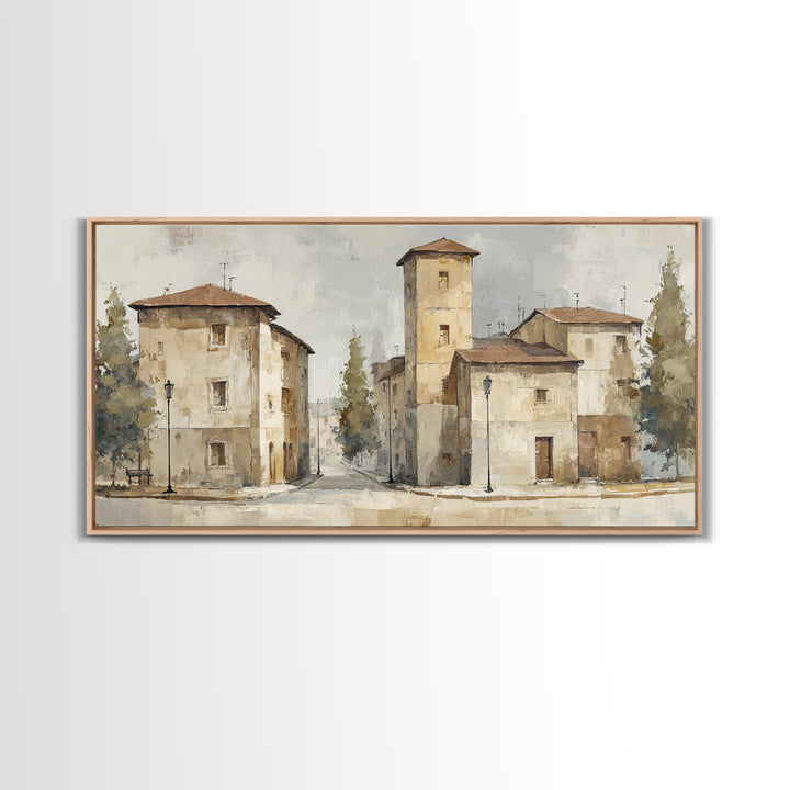 Soft Watercolor Village Street at Dawn Framed Canvas Print, Bed and Breakfast Art, Printable, Living Room Decor, Fine Art, BAB-2x1-25