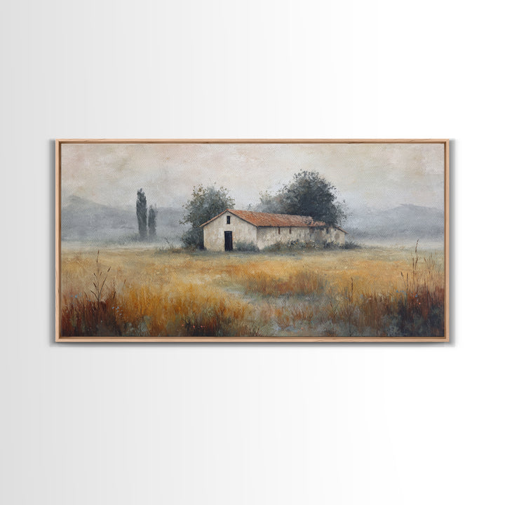 Old Farmhouse Landscape Framed Canvas Print, Bed and Breakfast Art, Boho Decor, Living Room Decor, Fine Art, BAB-2x1-27