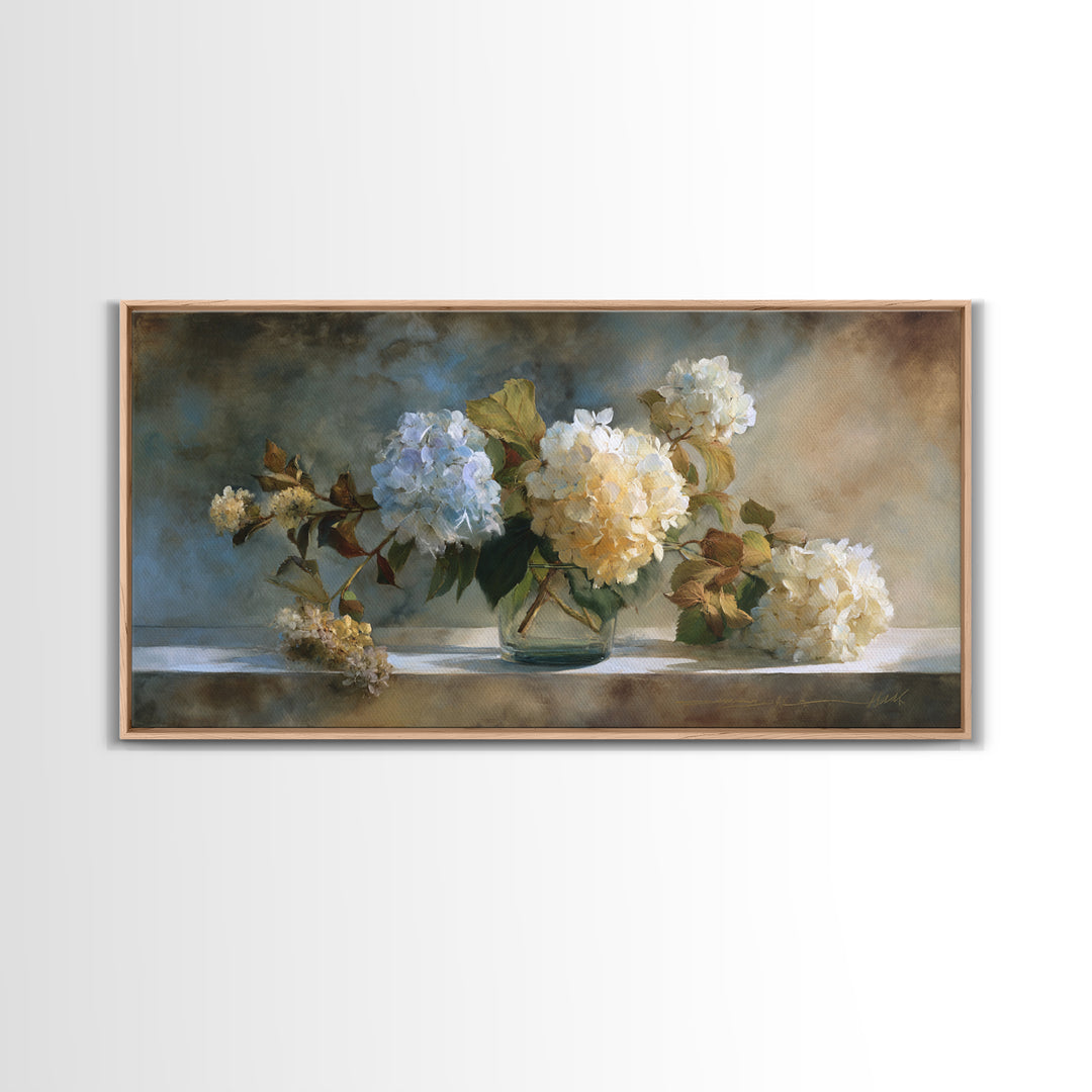 Sunlit Hydrangeas on a Windowsill Framed Canvas Print, Bed and Breakfast Art, Minimalist Decor, Living Room Decor, Fine Art, BAB-2x1-30