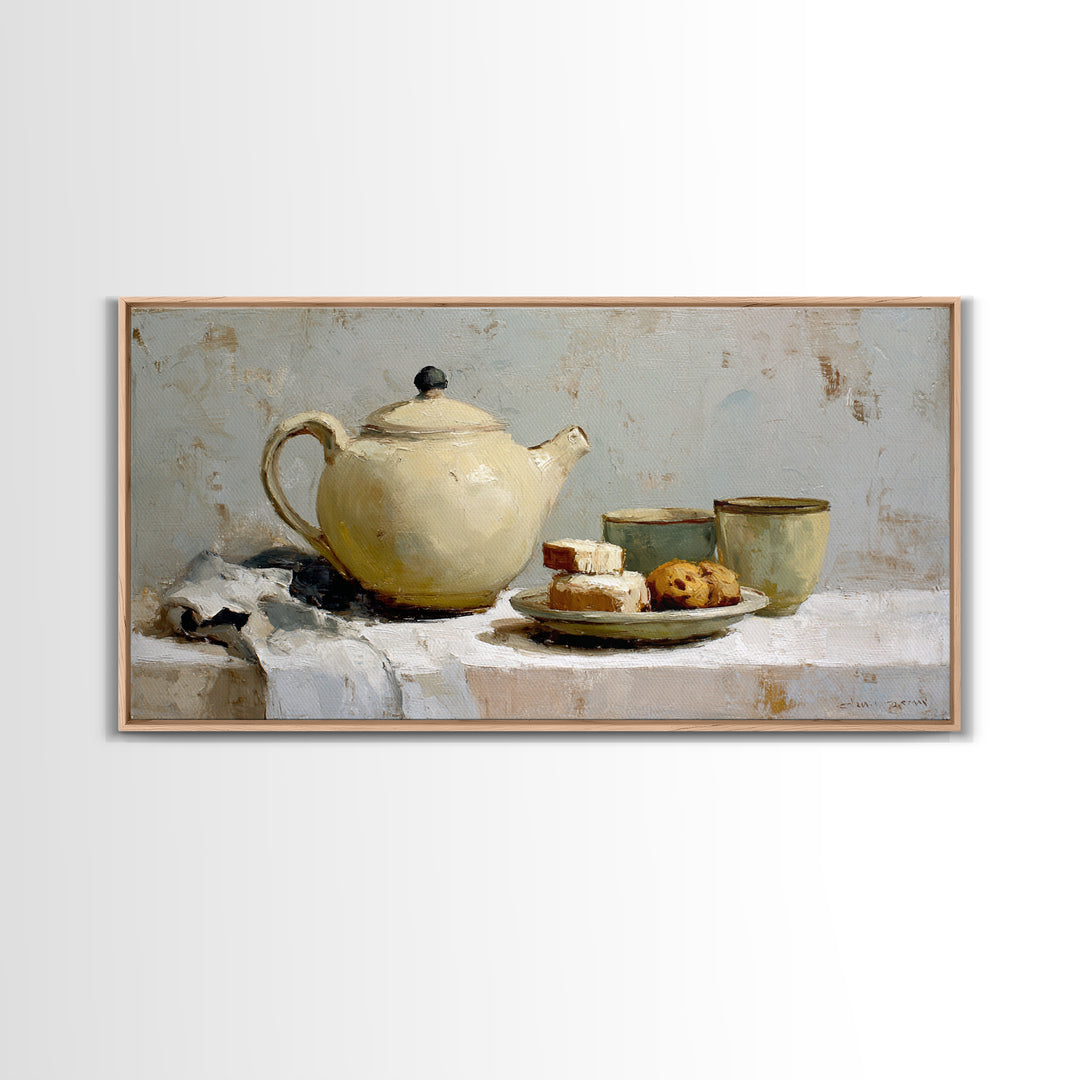 Porcelain Teapot and Scones Canvas Print, Bed and Breakfast Art, Wall Art, Living Room Decor, Oil Painting, Wood Wall Art, BAB-2x1-32