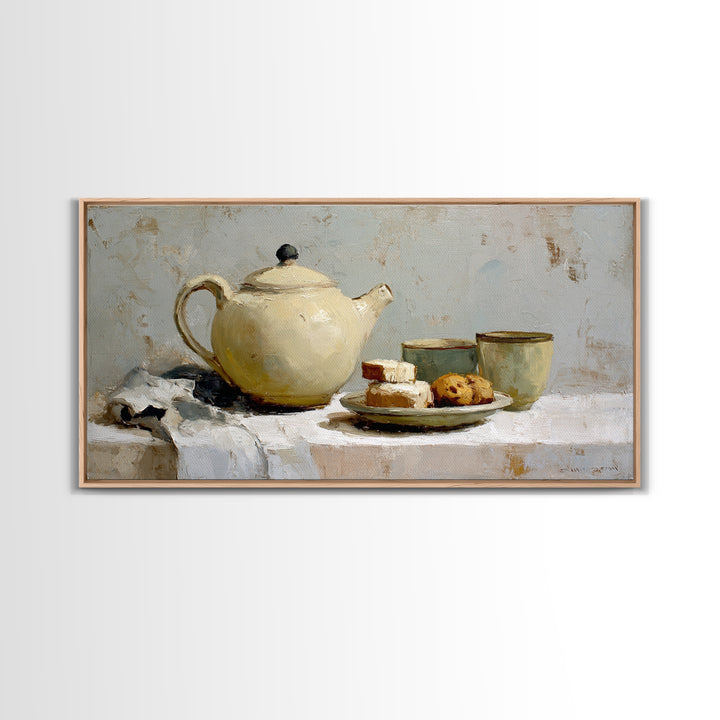 Porcelain Teapot and Scones Canvas Print, Bed and Breakfast Art, Wall Art, Living Room Decor, Oil Painting, Wood Wall Art, BAB-2x1-32