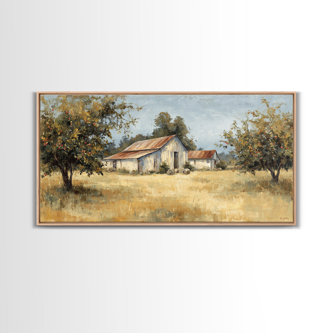Apple Orchard Scene Framed Canvas Print, Bed and Breakfast Art, Decor, Living Room Decor, Fine Art, Dopamine Decor, BAB-2x1-33