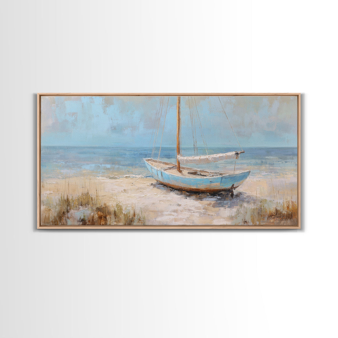 Coastal Inn Sailboat at Sunrise Framed Canvas Print, Bed and Breakfast Art, Print, Living Room Decor, Fine Art, BAB-2x1-37