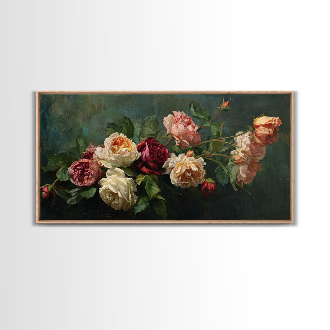 Garden Roses in Romantic Oil Paint Canvas Print, Bed and Breakfast Art, Art Print, Living Room Decor, Fine Art, BAB-2x1-41