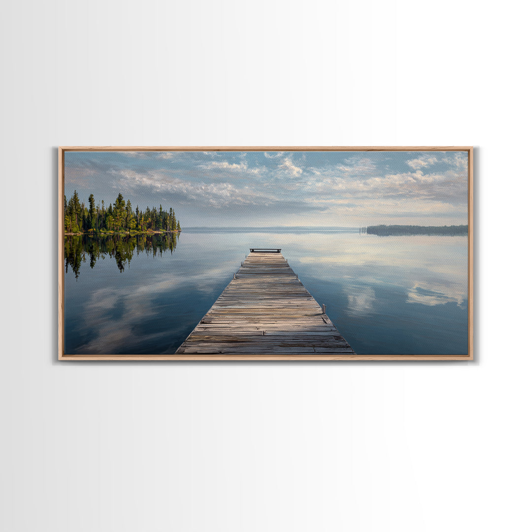 Quiet Lake Dock at Early Morning Framed Canvas Print, Bed and Breakfast Art, Room Decor, Living Room Decor, Fine Art, BAB-2x1-42