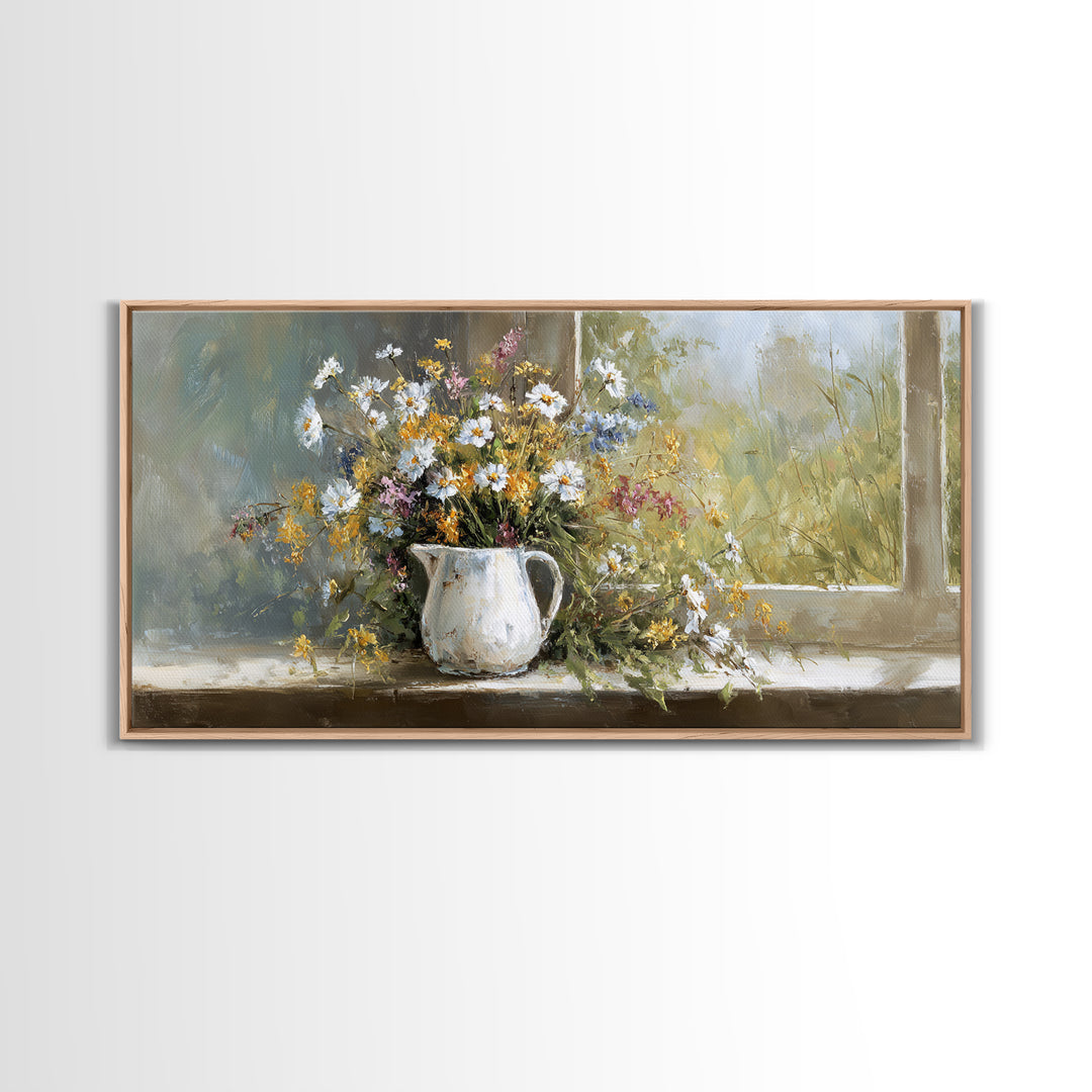 Country Wildflowers in a Chipped Ceramic Pitcher Canvas Print, Bed and Breakfast Art, Wood Wall Art, Living Room Decor, BAB-2x1-45