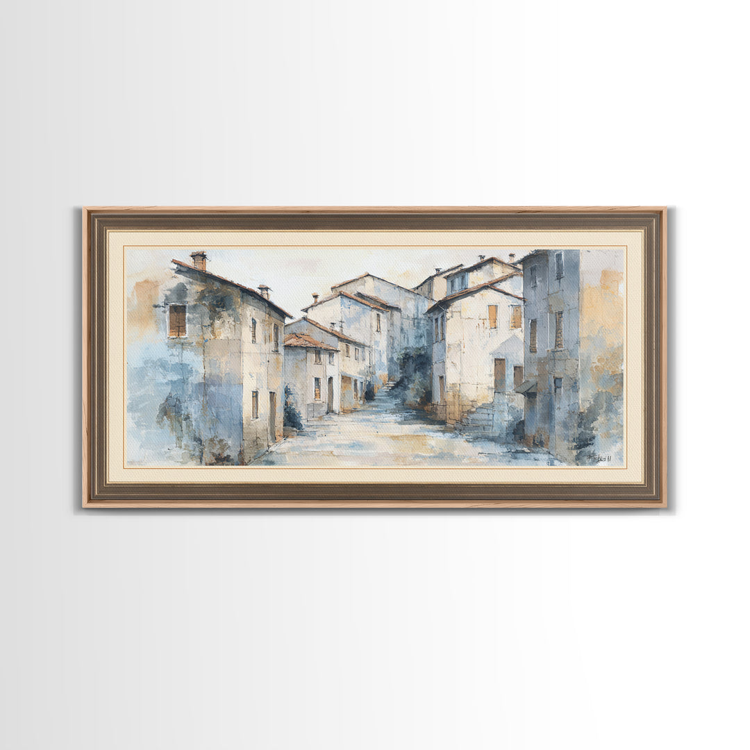 Soft Watercolor Village Street at Dawn Canvas Print, Bed and Breakfast Art, Printable Art, Living Room Decor, Fine Art, BAB-2x1-49