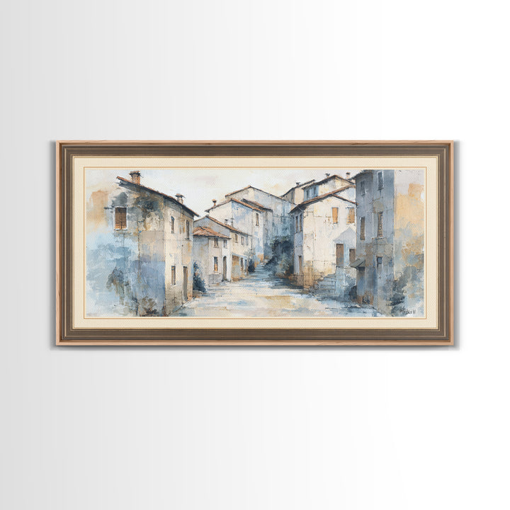 Soft Watercolor Village Street at Dawn Canvas Print, Bed and Breakfast Art, Printable Art, Living Room Decor, Fine Art, BAB-2x1-49