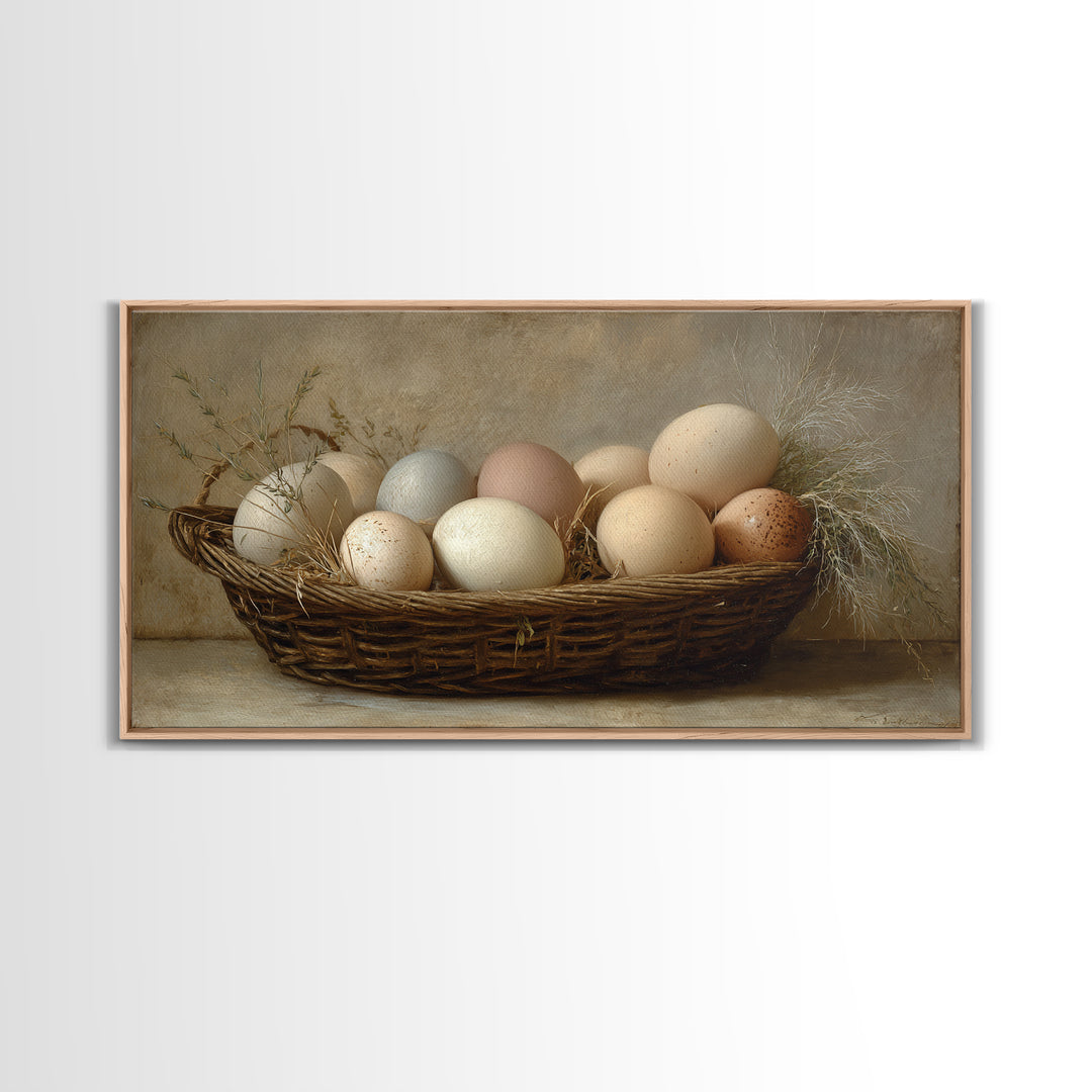 Fresh Eggs in a Woven Basket with Framed Canvas Print, Bed and Breakfast Art, Wall Decor, Living Room Decor, Fine Art, BAB-2x1-50