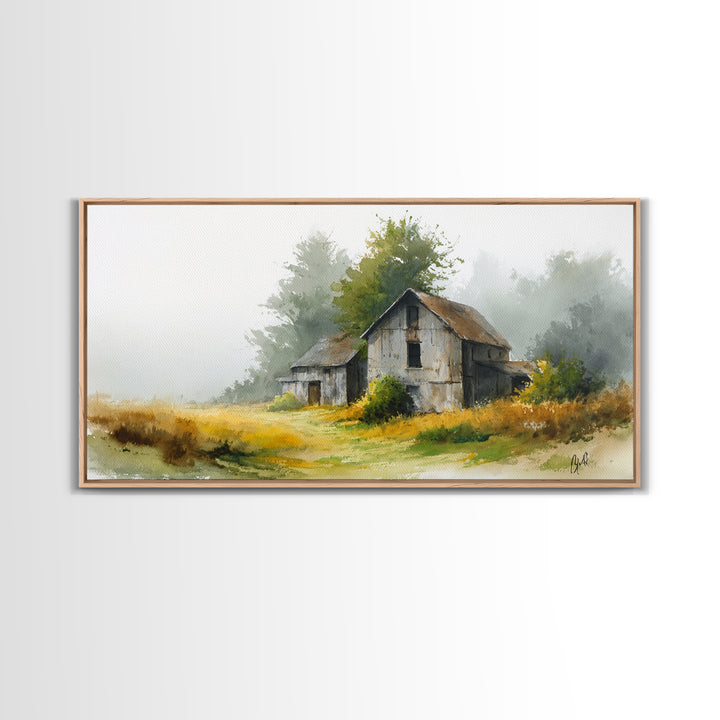 Old Farmhouse Landscape Framed Canvas Print, Bed and Breakfast Art, Living Room Decor, Watercolor Art, Folk Art, BAB-2x1-51