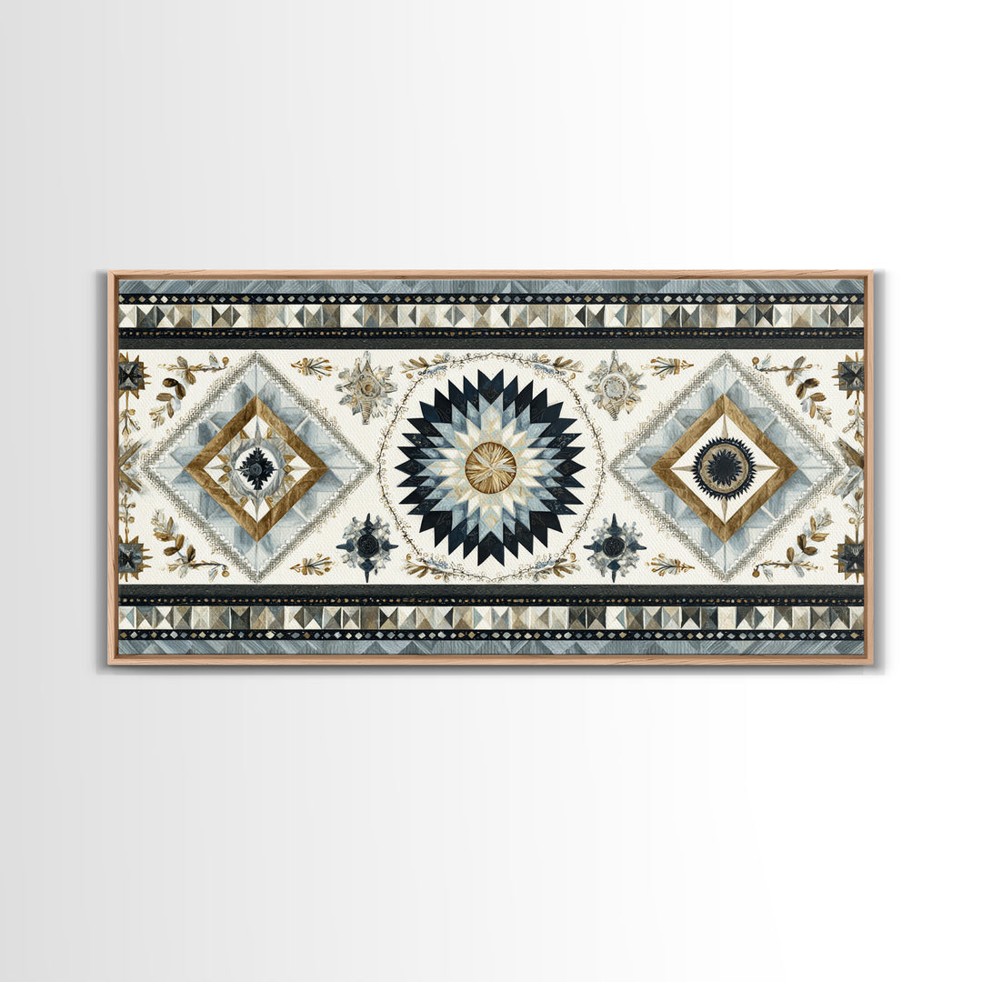 Quilt Pattern Folk Art Composition Framed Canvas Print, Bed and Breakfast Art, Dopamine Decor, Living Room Decor, Fine Art, BAB-2x1-55