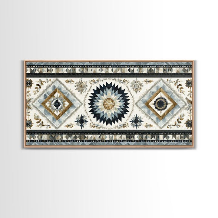 Quilt Pattern Folk Art Composition Framed Canvas Print, Bed and Breakfast Art, Dopamine Decor, Living Room Decor, Fine Art, BAB-2x1-55