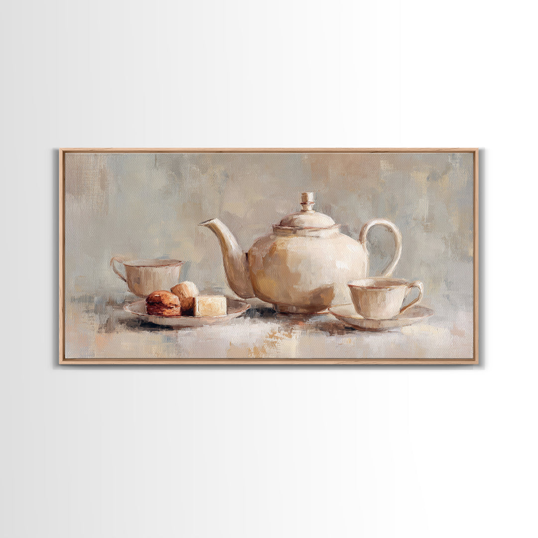 Porcelain Teapot and Scones Framed Canvas Print, Bed and Breakfast Art, Art Print, Living Room Decor, Fine Art, BAB-2x1-56