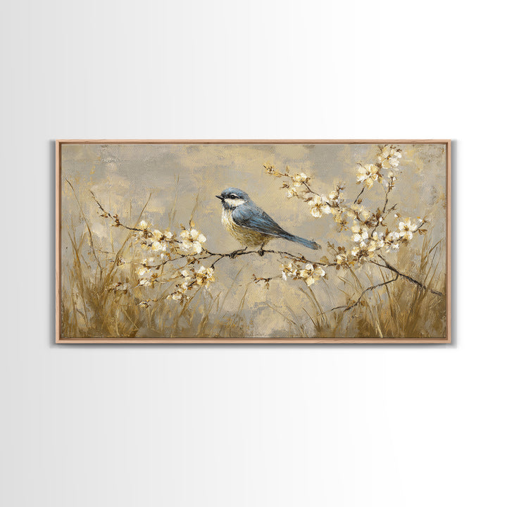 Small Bird on a Flowering Branch Canvas Print, Bed and Breakfast Art, Print, Living Room Decor, Watercolor Art, BAB-2x1-58