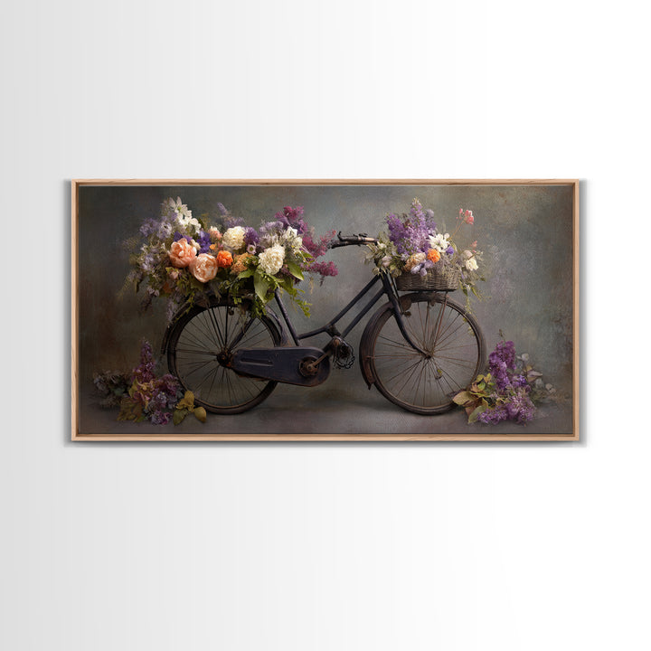 Old Bicycle with Flowers in Basket Framed Canvas Print, Bed and Breakfast Art, Gallery Decor, Living Room Decor, Fine Art, BAB-2x1-67